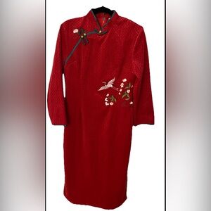 Red Embroidered Mandarin Collar Midi Dress